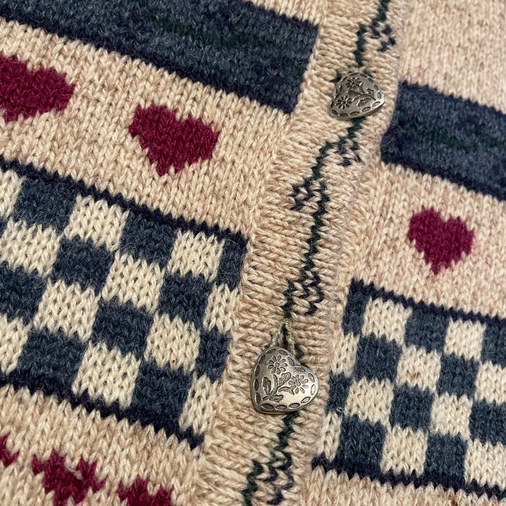 Vintage 90s Eddie Bauer Wool Heart Cardigan Sweater Medium Grandma Cottagecore - Picture 2 of 13